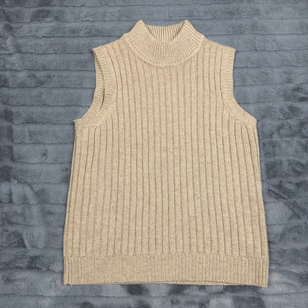 Evan-Picone Womens Tan Ribbed Mock Neck Wool Blend Sweater Vest Size M 14644